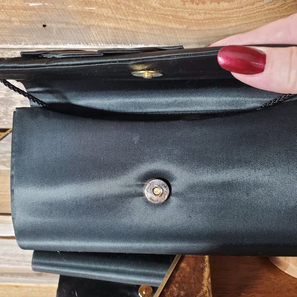 Satin Evening Purse - Black Bow, Snap Closure, Rope Handle - Picture 2 of 10
